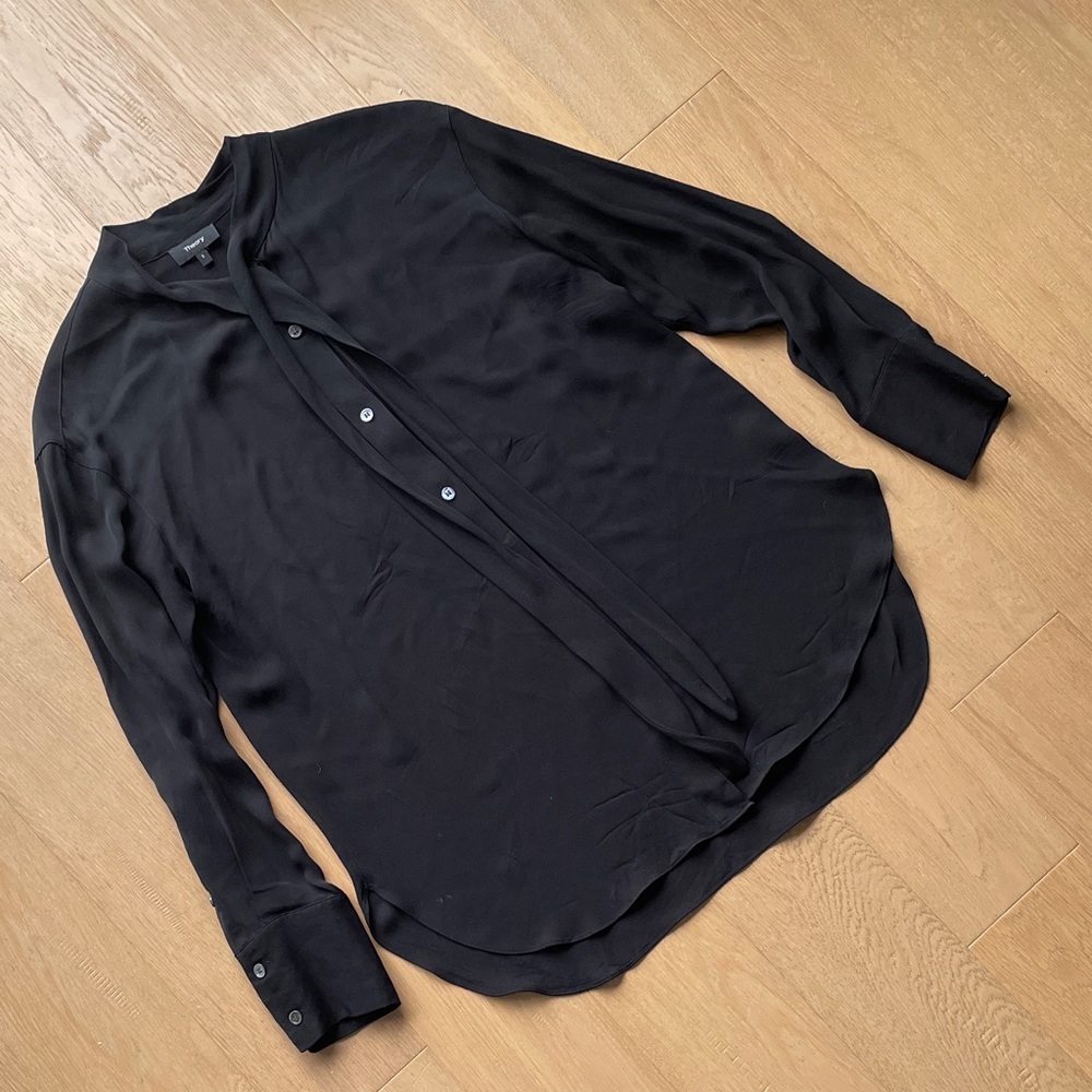 Theory Classic Silk Black Blouse with neck tie